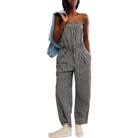 NWT Free People Retro Heatwave Gingham One-Piece Jumpsuit Black and White Boho - Picture 13 of 15